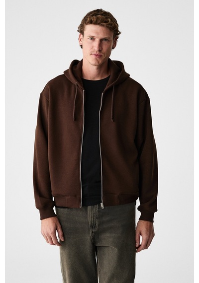 Grimelange Ashby Erkek Kapüşonlu Fermuarlı Cepli Kordonlu Boxy Kalıp Acı Kahve Sweatshirt Acı Kahverengi