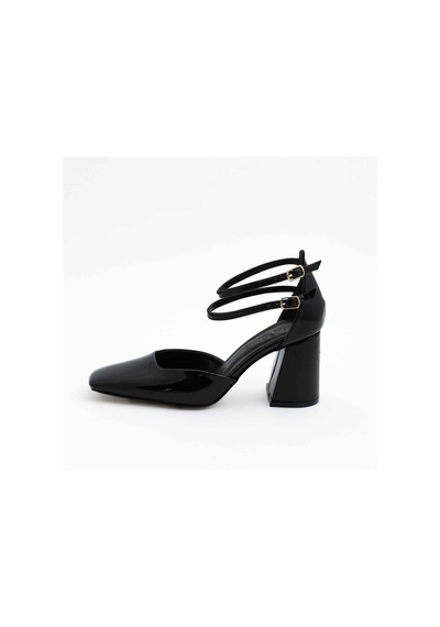 Gleam Kapalı Kare Burun 8cm Kalın Topuk Çift Bantlı Stiletto - Topuklu Ayakkabı 001