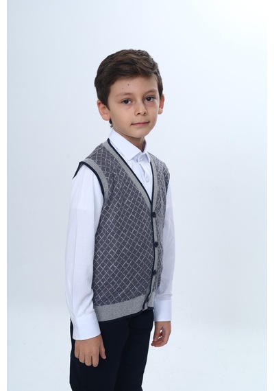 Toontoy Kids Toontoy Erkek Çocuk V Yaka Düğmeli Triko Yelek - Diagonal Desenli Antrasit
