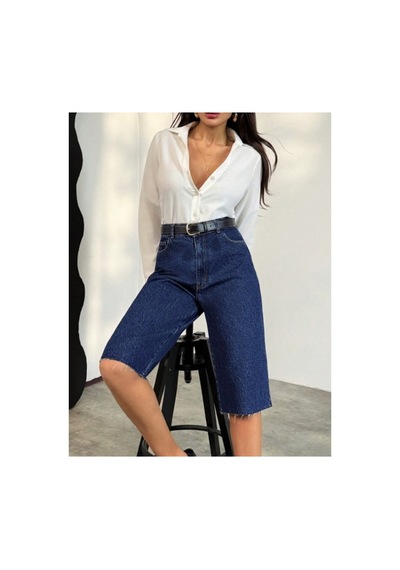 Kene Jeans Paça Kesik Lacivert Uzun Kot Şort Lacivert