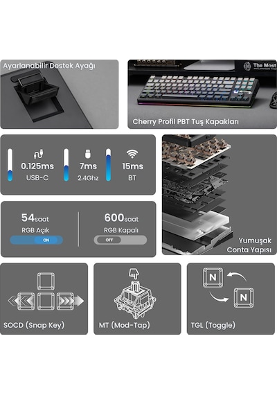 Aula F87 Pro V2 Mekanik Rgb Tkl Graywood V4 Switch Kablosuz Makrolu Hot Swap Klavye Gradyan Gri