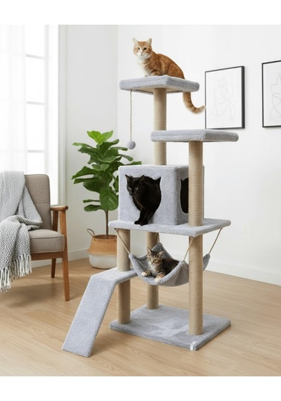 Pet Kedi Tırmalama Kulesi Oyun Evi Platformlu Gri