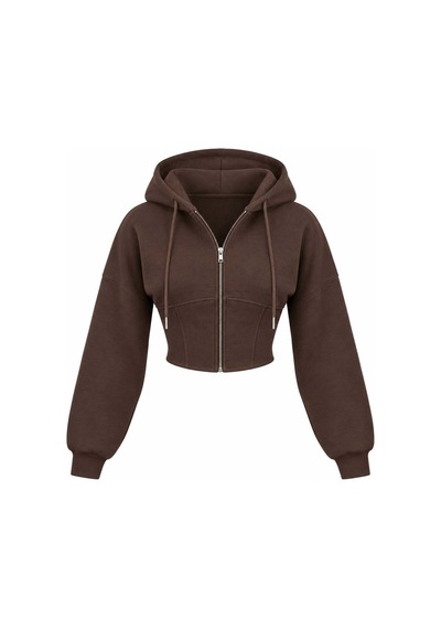 Evoa Kadın Kahve Oversize Kol Kapüşonlu Crop Hırka Kahverengi