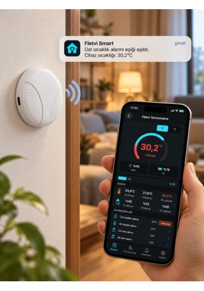 Fletvi Smart Akıllı Isı Ve Nem Sensörü Anlık Bildirim Uygulamadan Takip Uyarılı Ortam Algılayıcı Isı Nem Dedektörü Cihazı
