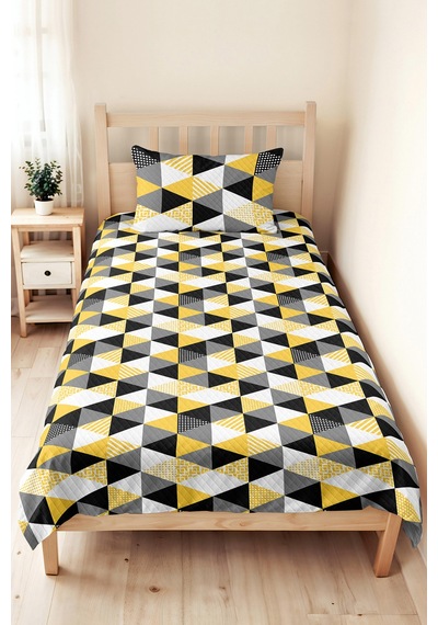 Sarı Geometrik Genç Odası Tek Kişilik Pike Takımı - Antrasit Gri 160x220 Cm Kapitone Yatak Örtüsü Dokulu İz Dinginliği