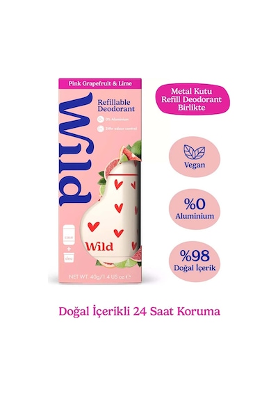 Wild %98 Natural Stick Deodorant Kutu + Refill Paketi - Love Heart Case + Pink Grapefruit & Lime 40 Gr