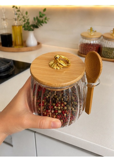 Morponi Kaşıklı Çizgili Cam Baharat Kavanozu 800 Ml - Gold Halka Kulplu Bambu Kapaklı Saklama Kabı Dh 57-59 Şeffaf