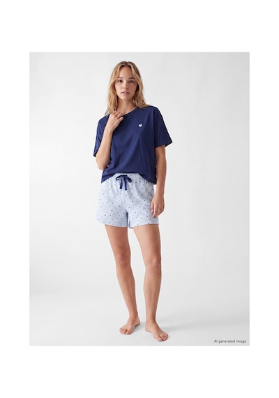 Lcw Dream Mavi Bisiklet Yaka Nakışlı Kadın Şortlu Pijama Takımı