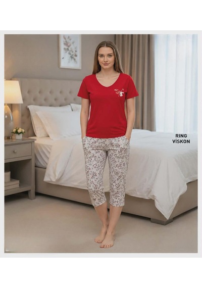 Mi Hra Mihra Kadın Viskon V Yaka Kısa Kol Kapri Likralı Pijama Takımı 40111k - 1 Adet Kırmızı