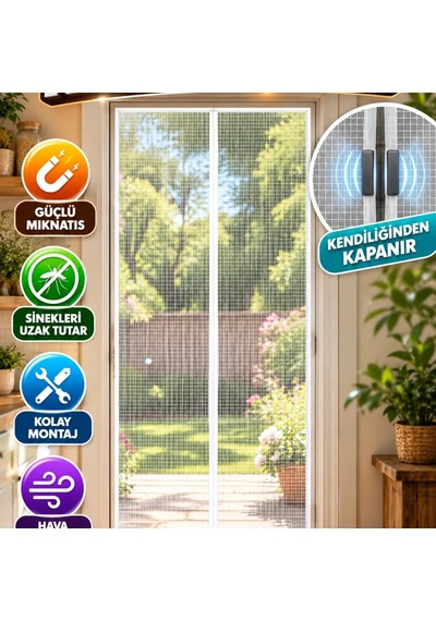 105x210 Cm Mıknatıslı Kapı Sineklik Tülü Çift Taraflı Bantlı Kendiliğinden Kapanan