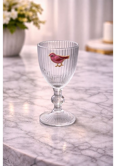 6 Lı Kristal Cam Kahve Yanı Su Bardağı Pembe Kuş Lovely Birds Bardak 75ml Şeffaf