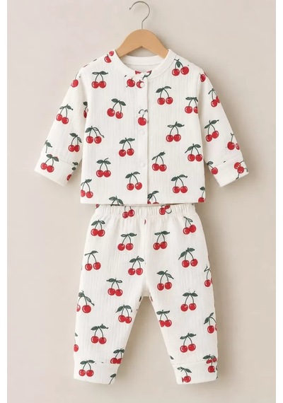 Veraura Lifestyle 3-12 Ay Kiraz Baskılı Çıtçıtlı Penye Bebek Pijama Takımı ekru