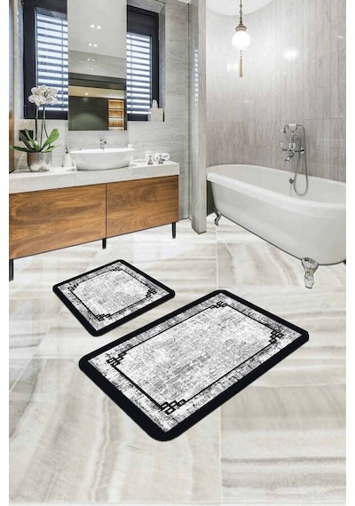 Gri Modern Klasik Banyo Halısı Klozet 2'li Paspas Seti Bs287n11