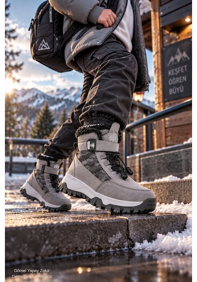 Muggo Peak İçi Kürklü Cırtlı Ve Bağcıklı Unisex Çocuk Kar Botu Gri