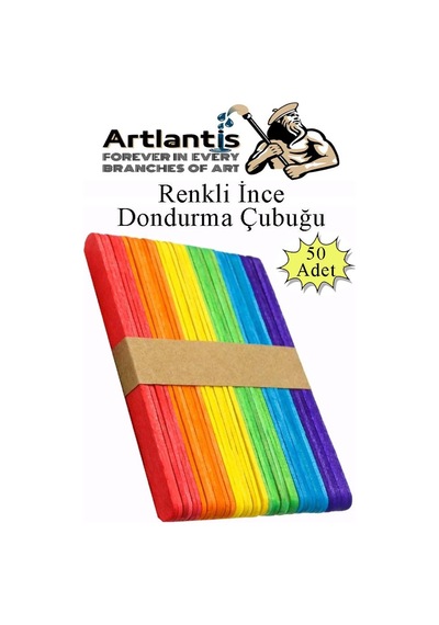 Renkli Dar Dil Çubuğu 50 Adet Ahşap Dondurma Çubuğu Renkli Maket Hobi Okul Proje Tasarım