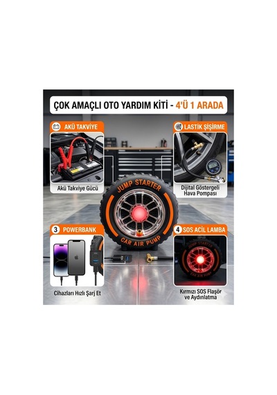 Akü Takviye Cihazı 1000a Jump Starter 150 Psı Lastik Şişirme Kompresörü Powerbank Led Fener