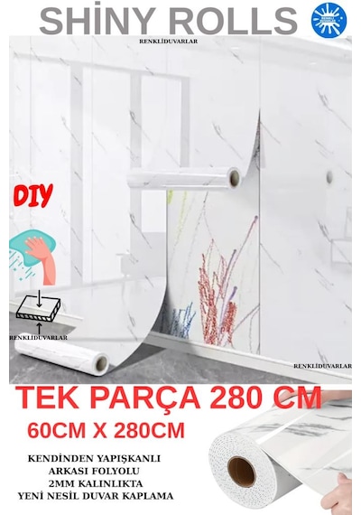 60cm X 280cm Tek Parça Rulo Shiny Beyaz Mermer Desenli Banvo Salon Wc Yapışkanlı Duvar Paneli Kağıdı