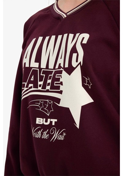 Defacto Oversıze Geniş Kalıp V Yaka Baskılı Kalın Kumaş Sweatshirt G9598ax26spbr171 Bordo-br171