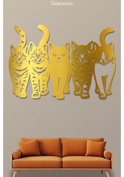 Kedi Çetesi Beşli Kedi Silüeti Metal Duvar Dekoru - Metal Duvar Sanatı - Altın - 50 X 35 Cm