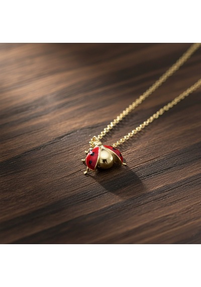 925 Ayar Gümüş Kırmızı Mineli Uğur Böceği Kolye Gold