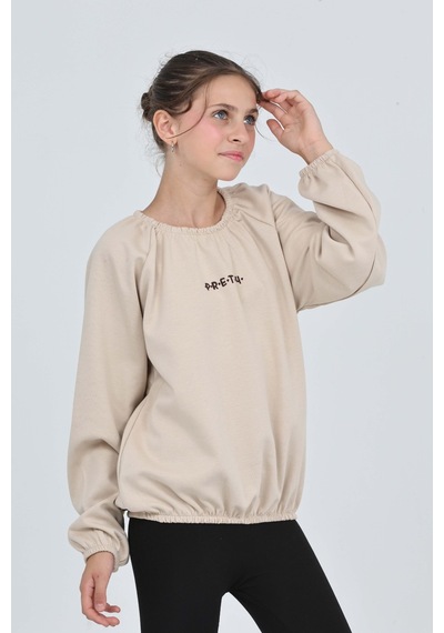Toontoy Kız Çocuk Pretty Baskılı Sweatshirt Bej