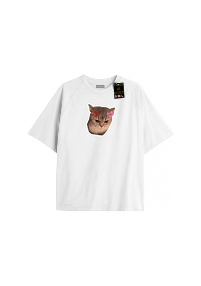Tarzsokak Beyaz Oversize T-shirt Tatlı Kızgın Kedi Özel Tasarım
