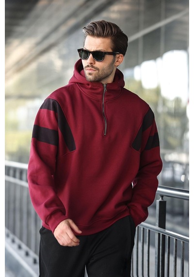 Madmext Bordo Fermuarlı Yaka Kapüşonlu Erkek Sweatshirt E7161 Bordo