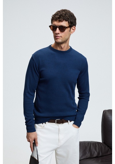 Grımelange VAREX Erkek Yuvarlak Yaka Basic Slim Fit Triko İndigo Kazak