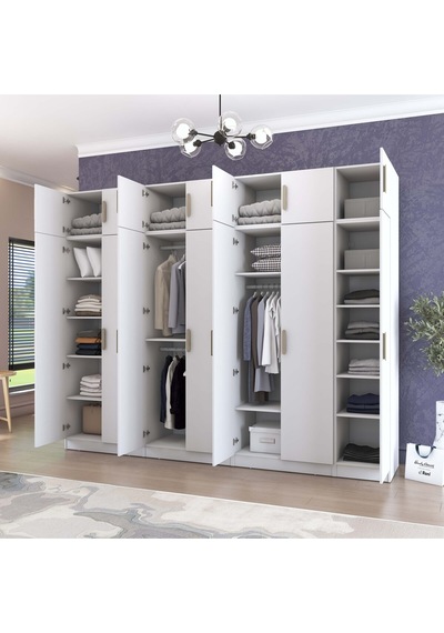Rani Ba215 Geniş Gardırop Elbise Dolabı 14 Kapaklı 12 Raflı 3 Askılı Modüler Dolap Beyaz