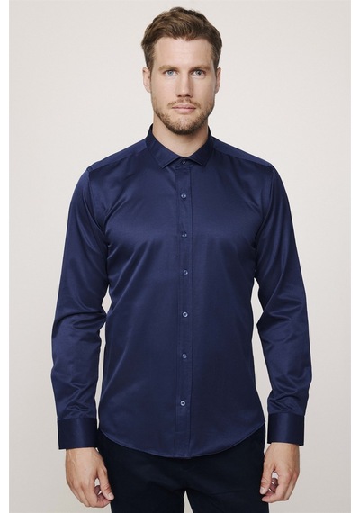 Tudors Modern Slim Fit Düz Saten Pamuklu Erkek Lacivert Gömlek-27728-lacivert Lacivert