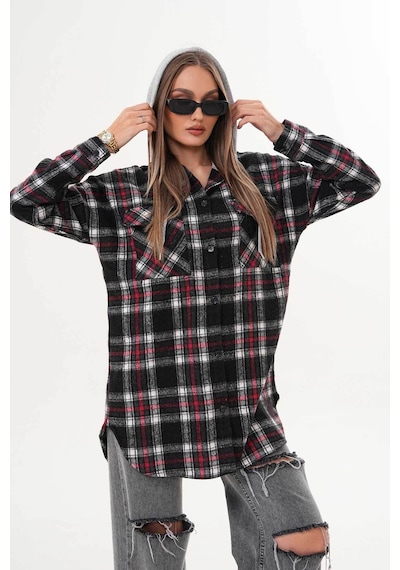Polologin Butik Kadın Siyah Kırmızı Beyaz Çizgi Detaylı Kapşonlu Gömlek Kırmızı