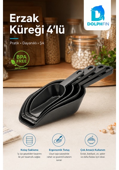 4'lü Erzak Küreği Seti Bakliyat Un Şeker Mama Ölçü Ve Aktarma Küreği Siyah Bpa İçermez