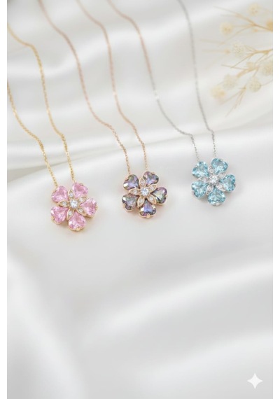 925 Ayar Papatya Silver Doğum Taşlı Unutma Beni Çiçeği Kolye.rose.gold.rodaj Gümüş