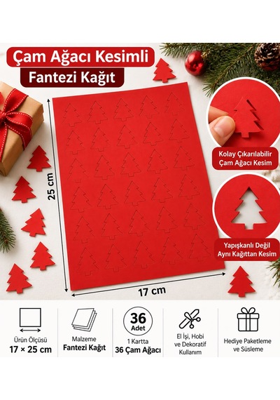 Hazır Kesim Kağıt Çam Ağacı Desen 36 Adet Kırmızı Fantezi Kağıt Süs, Hediye Paketleme, Dekorasyon Ve Hobi