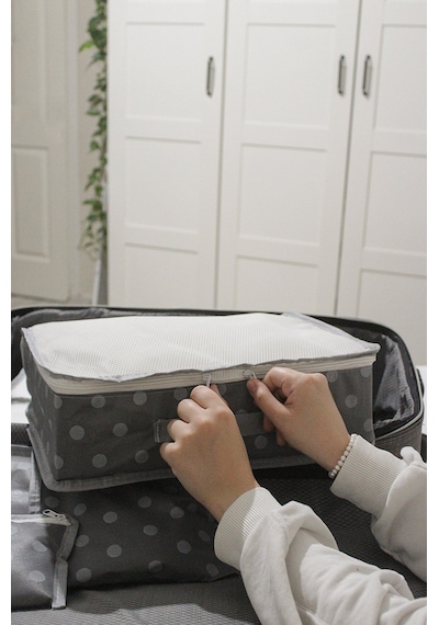 Adarya Home Puantiye Desen Valiz Düzenleyici Bavul İçi Organizer Set 6'lı Antrasit