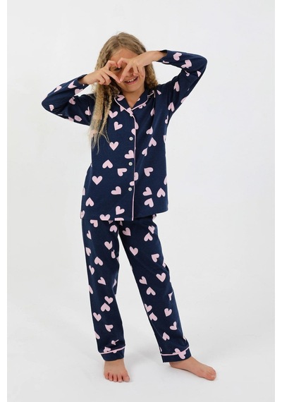 Kız Çocuk Uzun Kollu %100 Pamuklu Düğmeli Pijama Takımı Heartie Indigo
