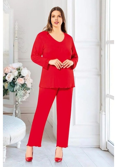 Faal 8806 Kadın Büyük Beden Uzun Kollu Pijama Takım-kırmızı Kırmızı
