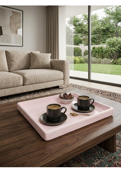 Orion Serisi El Yapımı Açık Pembe Tepsi 29x36 Cm - Kırılmaz Dekoratif Sunum Tepsisi & Kahve Tepsisi Renk
