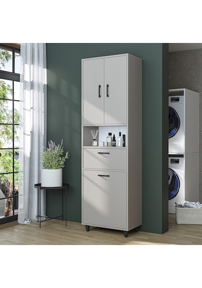 Çamaşır Sepetli Banyo Dolabı, Çok Amaçlı Çekmeceli Dolap 60 X 200 Cm Kumtaşı