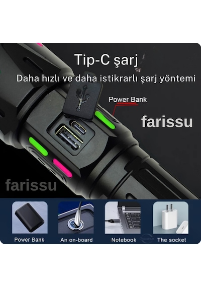 Ultra Güçlü Beyaz Lazer Led El Feneri - 2 Km Menzilli & Powerbank Özellikli Çift Pil Setli Siyah