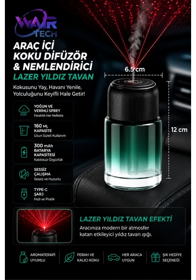 Şarjlı Araç İçi Parfüm Difüzörü Kokulu Hava Nemlendirici Humudifier Yıldız Tavan Lazer Set-1