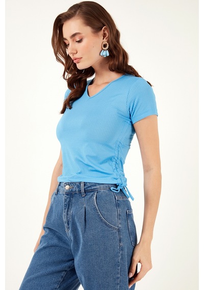 Lela Slim Fit V Yaka Yanları Büzülebilir Bayan Bluz 5864011 Mavi