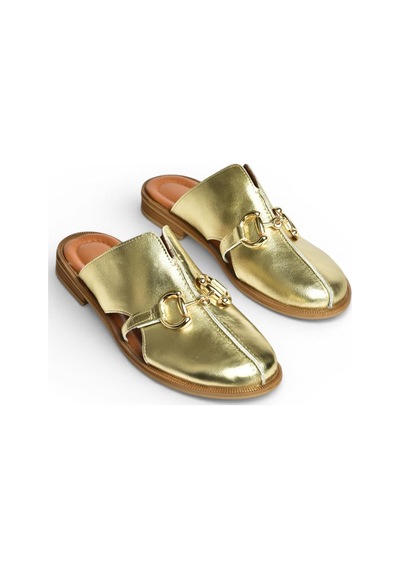 Fox Shoes U944150403 Altın Hakiki Deri Önü Kapalı Kadın Terlik