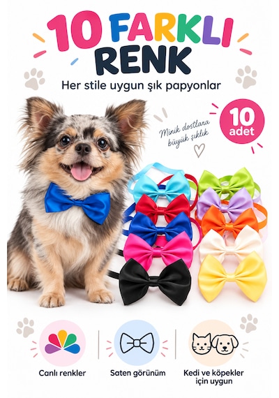Showtech Kedi Köpek Renkli Papyon Aksesuar 10 Adetli Paket