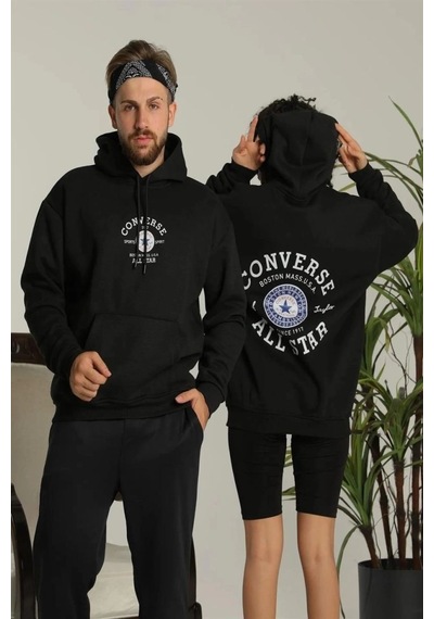 Mbb E-ticaret Erkek Sırt Baskılı Oversize 3 İplik Kapüşonlu Hoodie Sweatshirt - Siyah