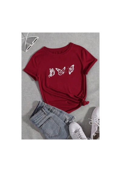 Uçuşan Kelebekler Temalı Premium Baskılı Kadın T-shirt Kırmızı