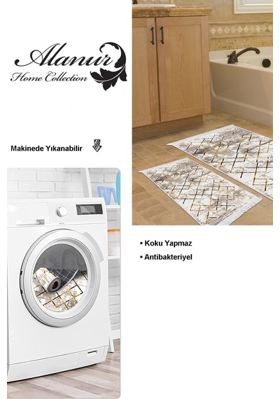 Dekoreko Kaymaz Taban Djt 2 Li Banyo Paspas Takımı Star Pamuk Saçaklı Modern M5026 Gold