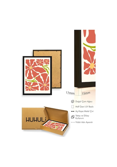 Doğal Ahşap Çerçeveli Retro Floral Tablo - Boho Çiçek Desenli Huhu2664