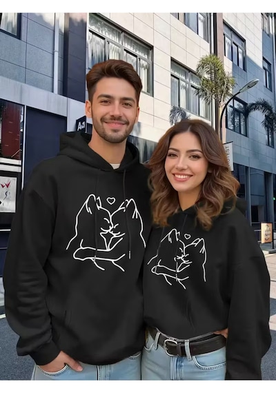 Nevermind Sevgili Kombini Oversize Hoodie Aşk Kedi Baskılı 3 İplik Unisex Siyah
