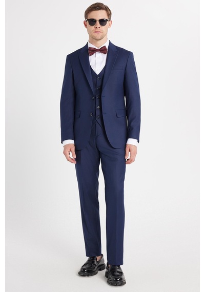 Tudors Erkek Slim Fit Lacivert Esnek Likralı Kumaş Sivri Yaka Yelekli Takım Elbise-33908 Lacivert